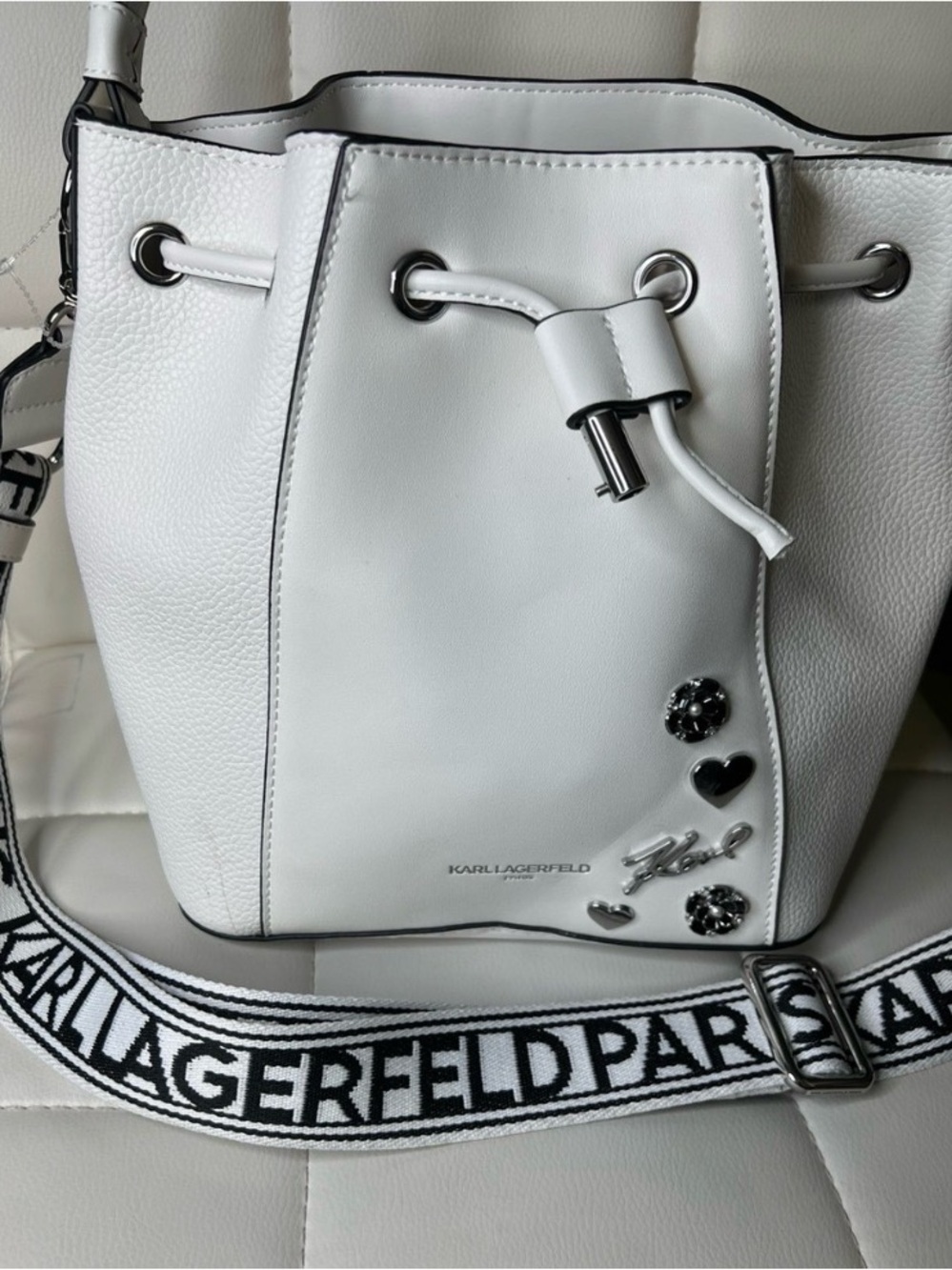 Karl Lagerfeld White Leather Drawstring Bucket Bag with Logo Strap